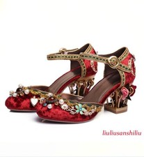 Women's Flowers Buckle Wedding Rhinestones Sandal Shoes Chuny Heel Buckle Party