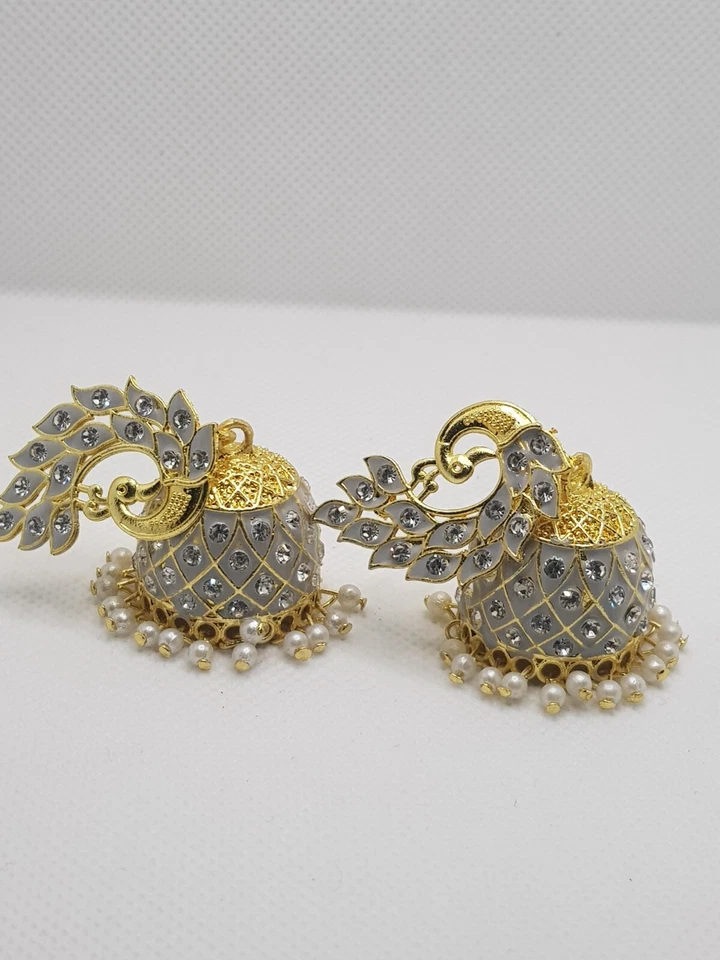 Pendientes Gris Bollywood India Paquistaní Joyería Tradicional Jhumka Mujer Foto 4 de 4