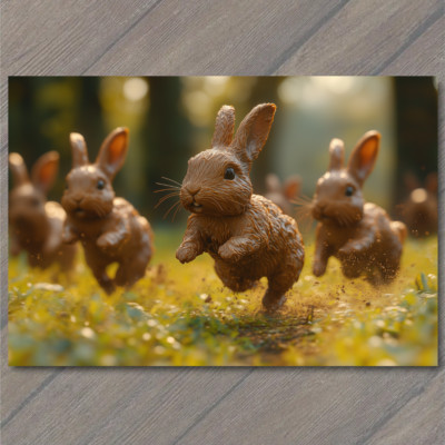 POSTCARD Easter Chocolate Rabbits Racing In Field Festive Candy Display Bunny