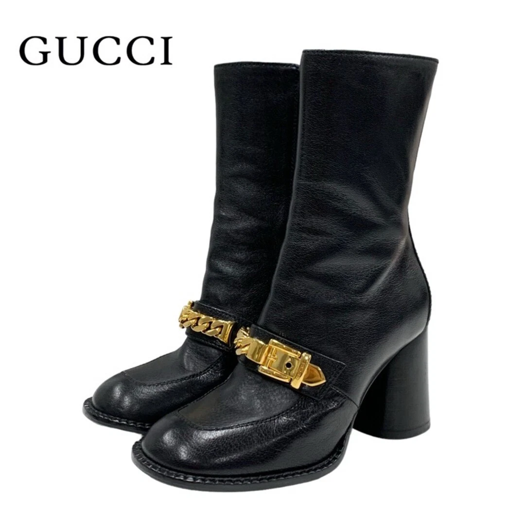 Gucci Bottes Chaussures Courtes Cuir Noir Or Chaîne Ceinture Occasion TIEE 0