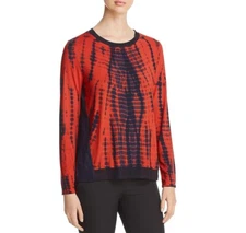 Donna Karan Women S Poppy Red Blue Artisan Canvas Long Sleeve Crew Neck Top NWT