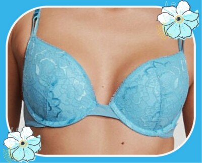 38DD  Sky Blue Floral Lace Mesh Extreme Lift Victorias Secret Plunge PU UW Bra