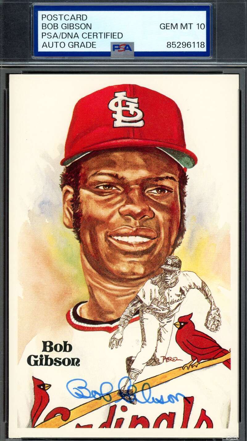 Bob Gibson Gem Mint 10 PSA DNA Coa Signed Perez Steele Postcard Autograph
