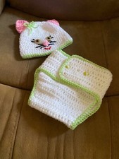 Infant Crocheted White Kitty Hat and Diaper Cover /Baby Shower Gift