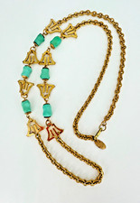 Rare Vintage Miriam Haskell Gold Faux Turquoise Nugget Bead Bell 30.5 Necklace
