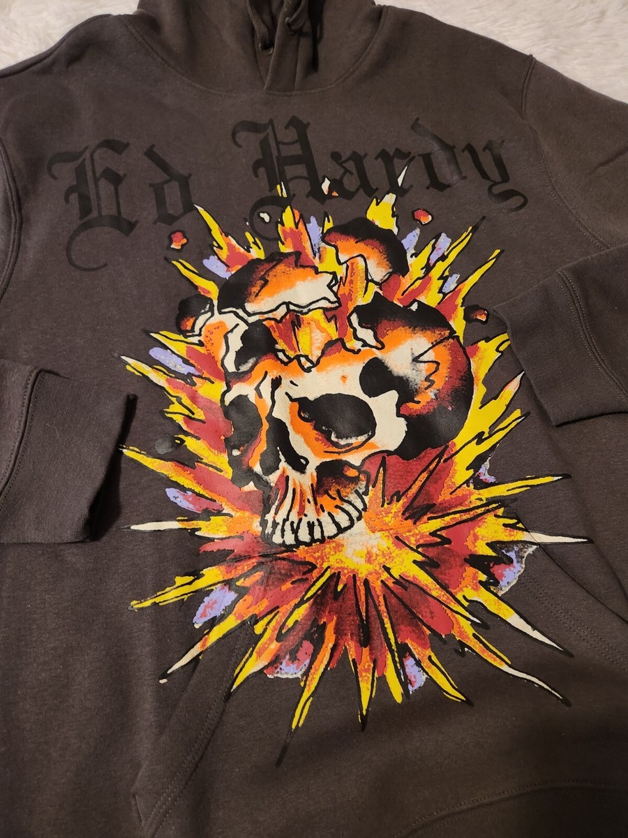 Authentic Ed Hardy Exploding Skull Charcoal Pullover Hoodie