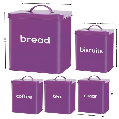 5PC METAL BREAD BIN SUGAR COFFEE TEA ENAMEL COATED STORAGE CANISTERS SET PURPLE - Picture 3 of 7