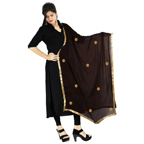 Scarf Dupatta Chunni Semi Chiffon Stole Hijab Golden Lace And Gota Flower Shawl - Picture 28 of 33