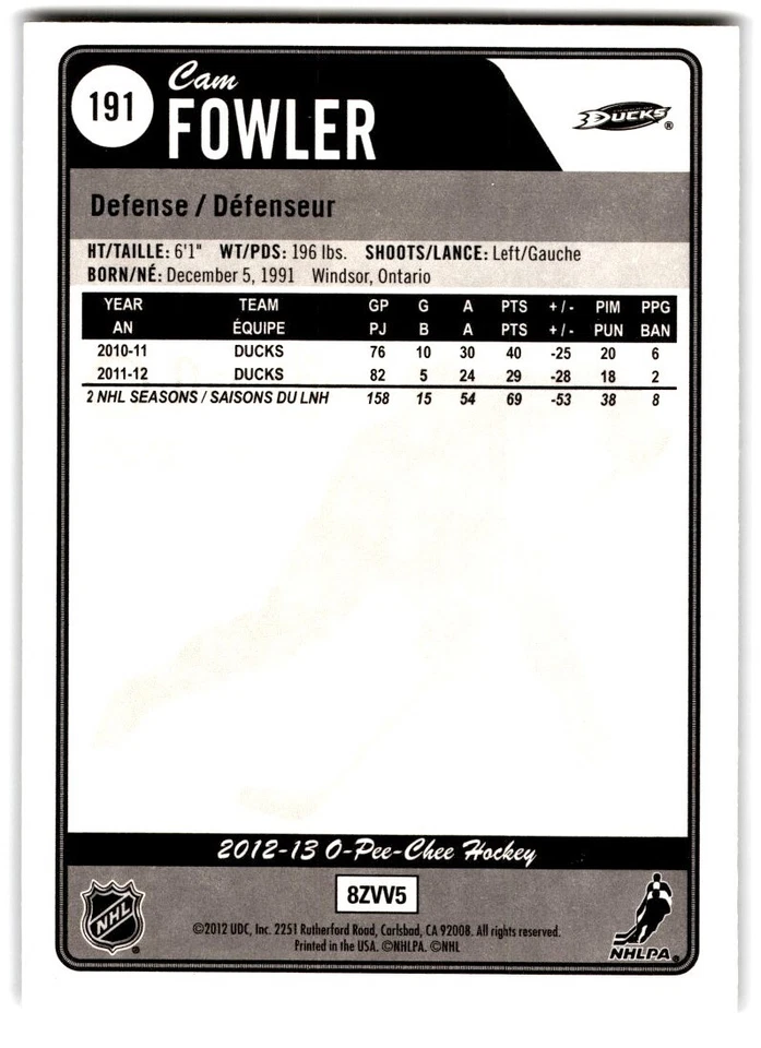 2012-13 O-Pee-Chee Rainbow Cam Fowler #191 Anaheim Ducks - Image 2 of 2