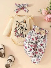 NEW Baby Girls Bambi Bodysuit Pants & Headband Outfit Set