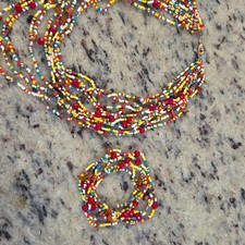 Multicolor Glass Bead Jewelry Set Multi-Strand Necklace  Bracelet Bohemian