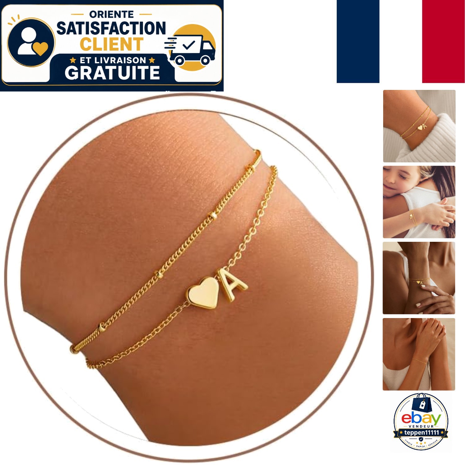 Bracelet cœur personnalisable or 14k pour femme à graver
