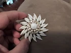 Vintage Judy Lee White Milk Glass Navette Crystal Rhinestone Brooch Spiky 2.25"