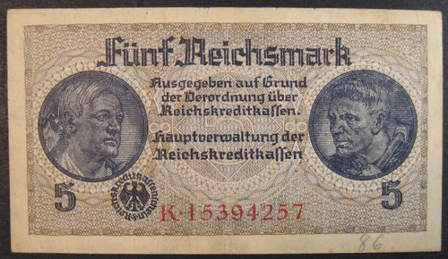 Banconota 1939-1945 Germania 5 Reichsmark, Mark, Bank, Paper Money, Banknote World - Foto 2 di 3