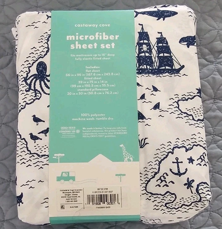 Juego de sábanas dobles pillowfort y 2 fundas azul marino/verde/blanco, Castaway Cove Foto 4 de 4