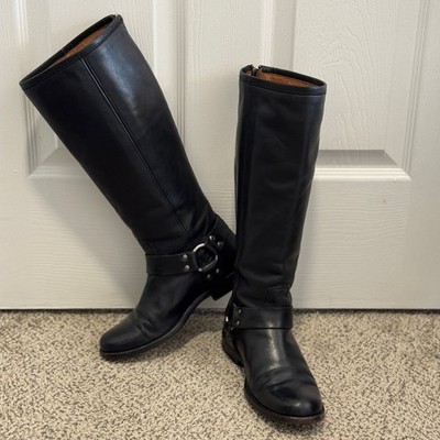 Frye Phillip Harness Tall Black Leather Riding Boots 6.5 extended calf 