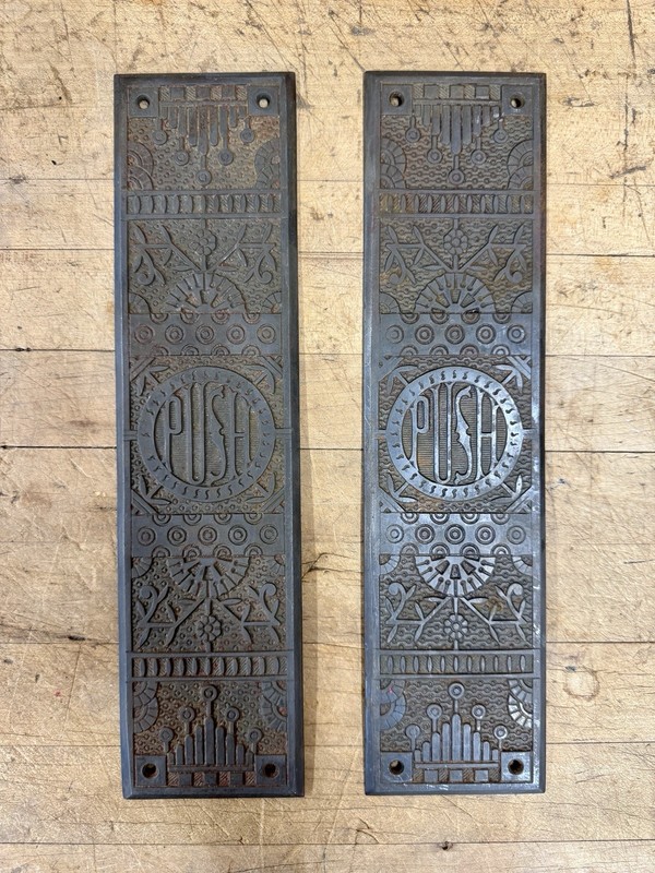 Pair Antique Aesthetic Movement Eastlake Cast Iron PUSH Door Plates 1880s 12”