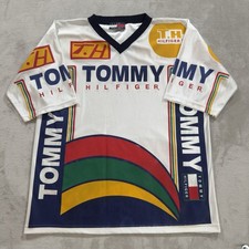 Rare Vintage Tommy Hilfiger 90's V Neck Short Sleeve T-Shirt AOP Jersey Size XL