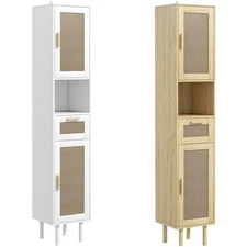 HOMCOM Tall Bathroom Storage Cabinet with Rattan Doors