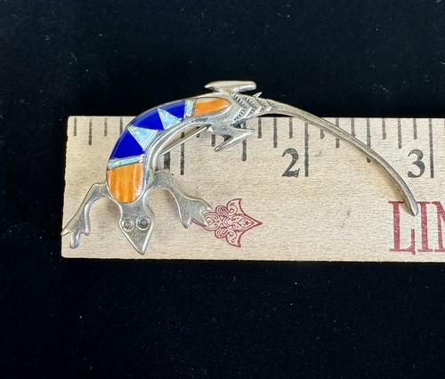 Zuni Vintage Sterling Silber Eidechse Brosche Anstecknadel mit Lapis, Koralle und Opal Inlay - Bild 10 von 11