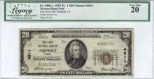 1929 $20 Sm Size National Bank Note, First Ntl. Bank Odebolt, IA Legacy 20