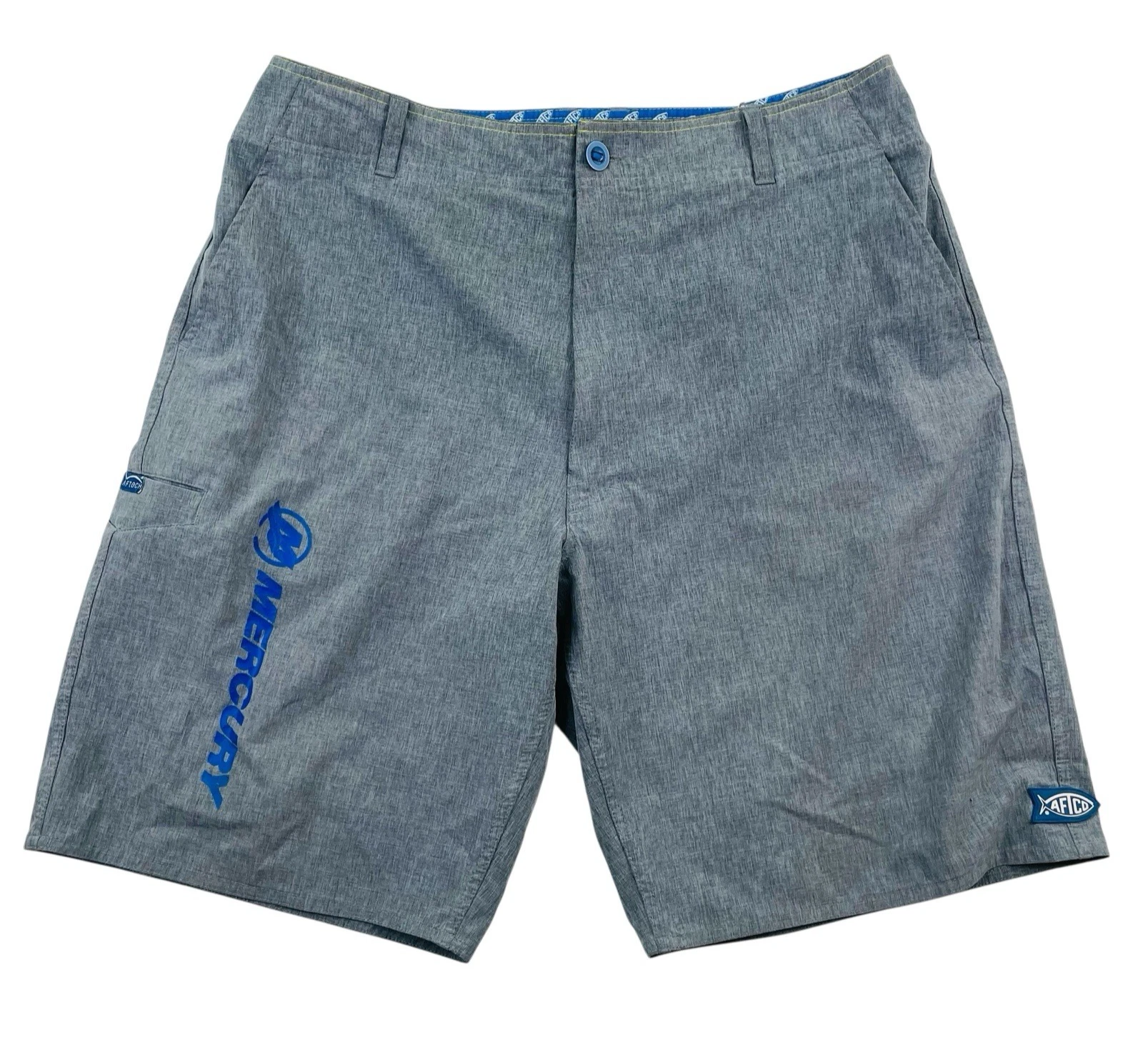 AFTCO Fishing Shorts Men 35-36 Gray Mercury Logo Board Shorts 10” Inseam Pockets