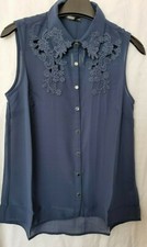 New Oasis Blue Sheer Floral Embroidered Sleeveless Collared Top  Size-10-