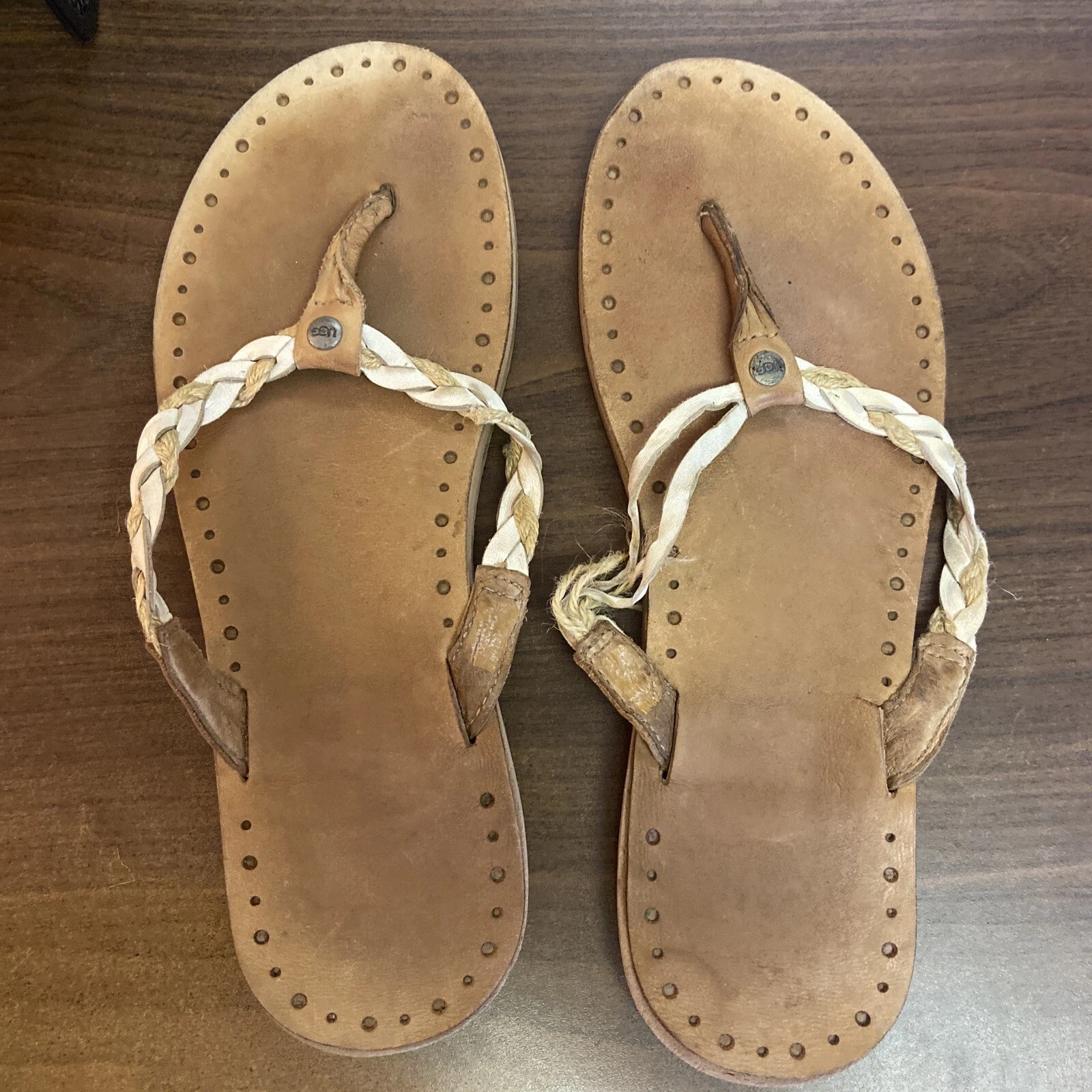 Sandali Ugg Navie 10 infradito intrecciati bianchi pelle perizoma tessuto RICAMBI RIPARAZIONE