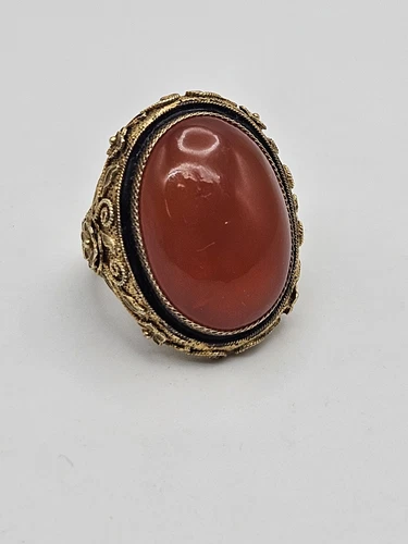 Vintage Chinese Export Silver Gild Carnelian Cabochon Adjustable Filigree Ring