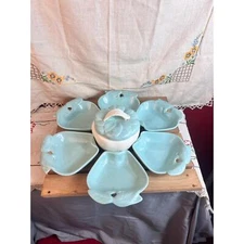 Mid~Century Hoenig Of California Apple Aqua Blue~Covered Bowl~6 Plates~1960’s