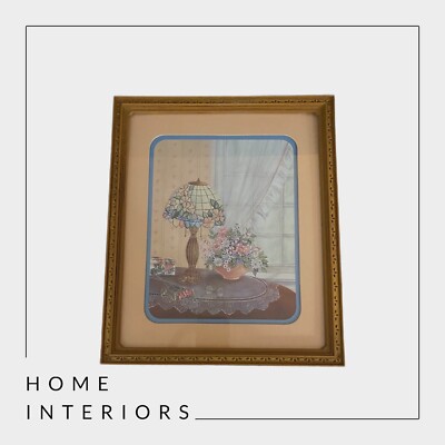 VTG Home Interiors Framed Lamp On a Table w/Flowers 13  X 11 