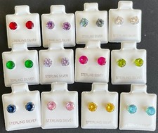 Genuine .925 sterling silver 6mm cz round stud pair earrings birthstone colors
