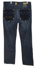 VTG Crown Holder Y2K Denim Jeans Dark Blue Velvet Embroidered Mens 36W x 34L EC