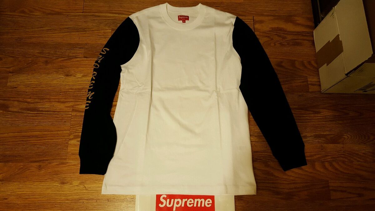 Supreme 2-Tone Long Sleeve Logo Tee FW 2016 Black White Sz M Supreme 2-Tone Long Sleeve Logo Tee FW 2016 Black White Sz M