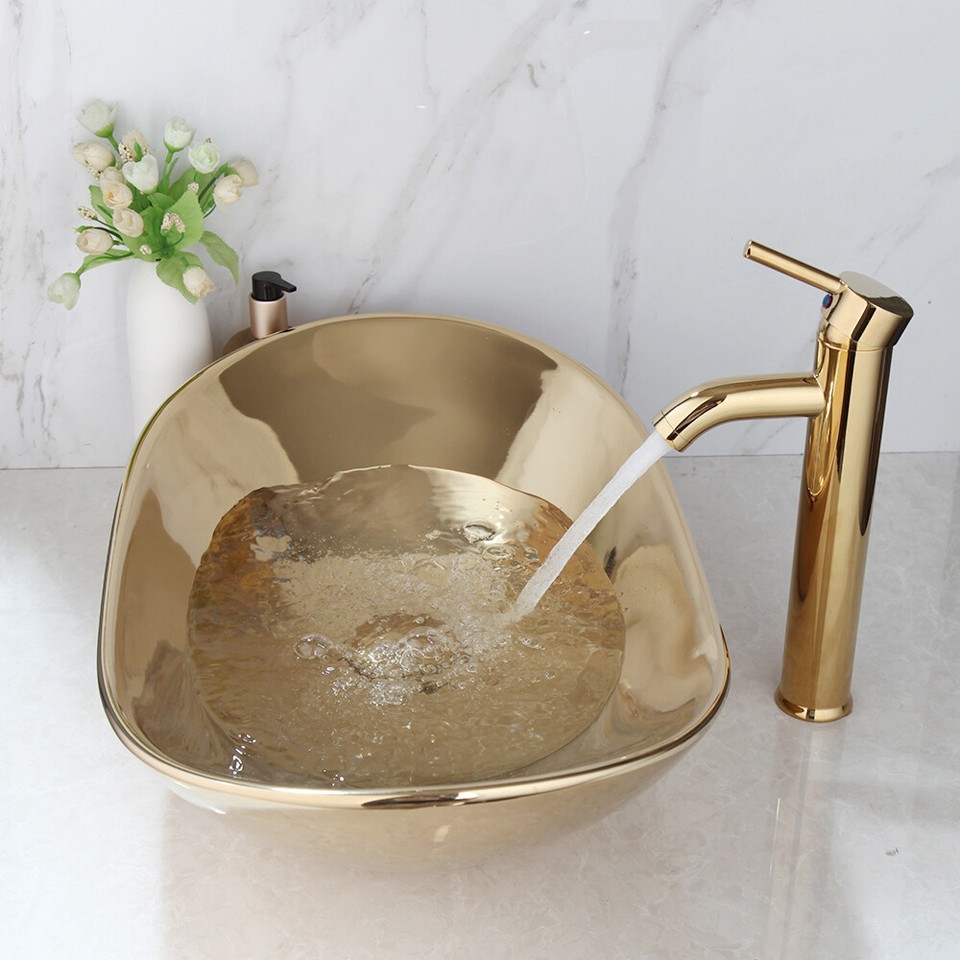 Focitland 23-Inch Gold Bathroom Vessel Sink Combo – Oval Ceramic Above-Counter Bowl With Waterfall Faucet & Drain, YuanBao Design