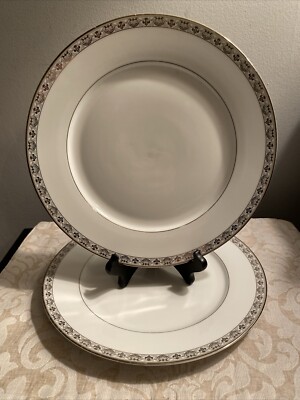2 Gorham Porcelain Grand Gallery Platinum Trim Dinner Plates 10 7/8'' Wide