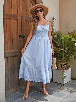Women's Cotton Maxi Dress - Breathable Summer Dress With Embroidered Hem,  Elasti | eBay