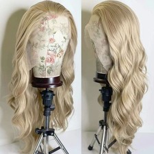Long Pale Blonde Mix Wavy Synthetic Hair Lace Front Wig Heat OK Women Soft