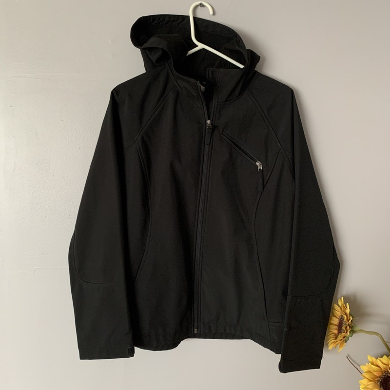 Free Tech Womens Softshell Jacket Black Hooded Full Zip Water Resistant Large 