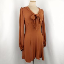 Reformation Rosetta Tie Neck Mini Dress Cognac Rust Size 6 70s Vibes Retro Mod