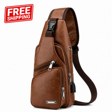 Brown Sling Bag Chest Crossbody Backpack Men USB Charging Port Travel Daypack