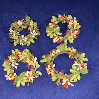 Napkin Rings Beaded Floral Berry & Leaf Multicolor Plastic Fabric Set Of 4