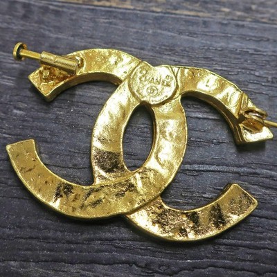 CHANEL Gold Plated CC Logos Rhinestone Vintage Pin Brooch #1279c