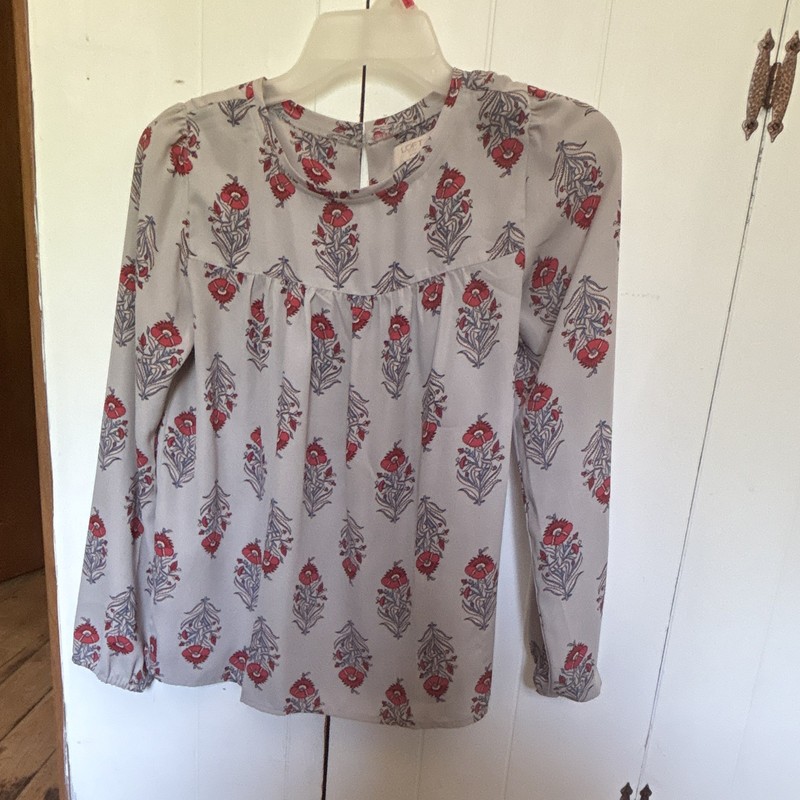 LOFT Outlet Petite XSP Gray Floral Pleated Round Neck Long Sleeve Blouse 
