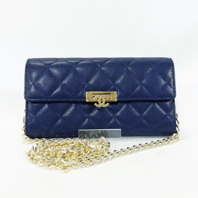 CHANEL Matelassé Caviar Leather Coco Lock Blue Long Wallet Shoulder Bag Women