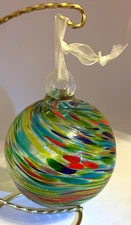 Large Blown Art Glass ORB Hanging Ornament Ball Swirled Rainbow Multi Color