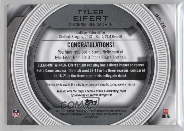 2013 Topps Strata Relics /213 Tyler Eifert #SR-TE Rookie RC - Image 2 of 2