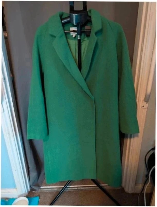 H&M Emerald Green Longline Wrap Trench Coat Large L 14 16 Overcoat