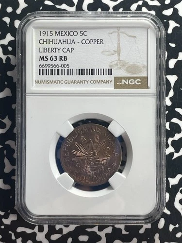 1915 Mexico Chihuahua 5 Centavos NGC MS63RB Lot#G820 Choice UNC! Liberty Cap