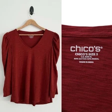 Chico's Women XL Paprika Brown 3/4 Puff Sleeve Cotton Slub Romantic Tee Top NWT